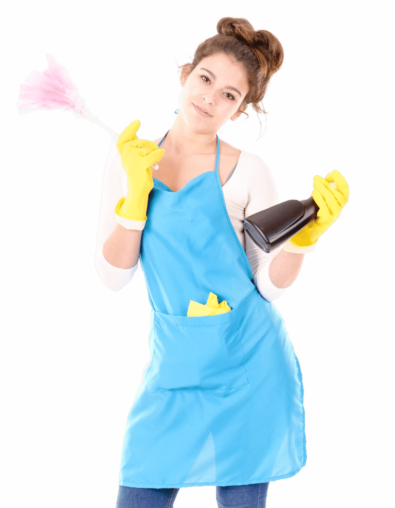 Professional cleaner holding a duster and spray bottle